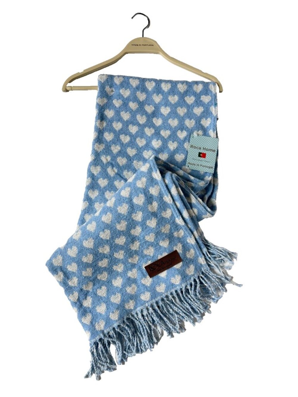 Roca Home Heart Fringe Oversize 50x67 Throw Blanket Blue White Made Portugal NEW